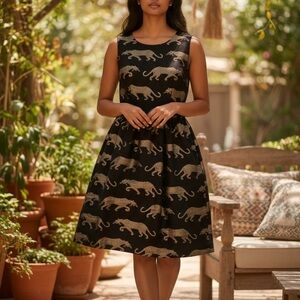 Anthropologie Eyedoll Black and Gold Panther Midi Dress Size 2